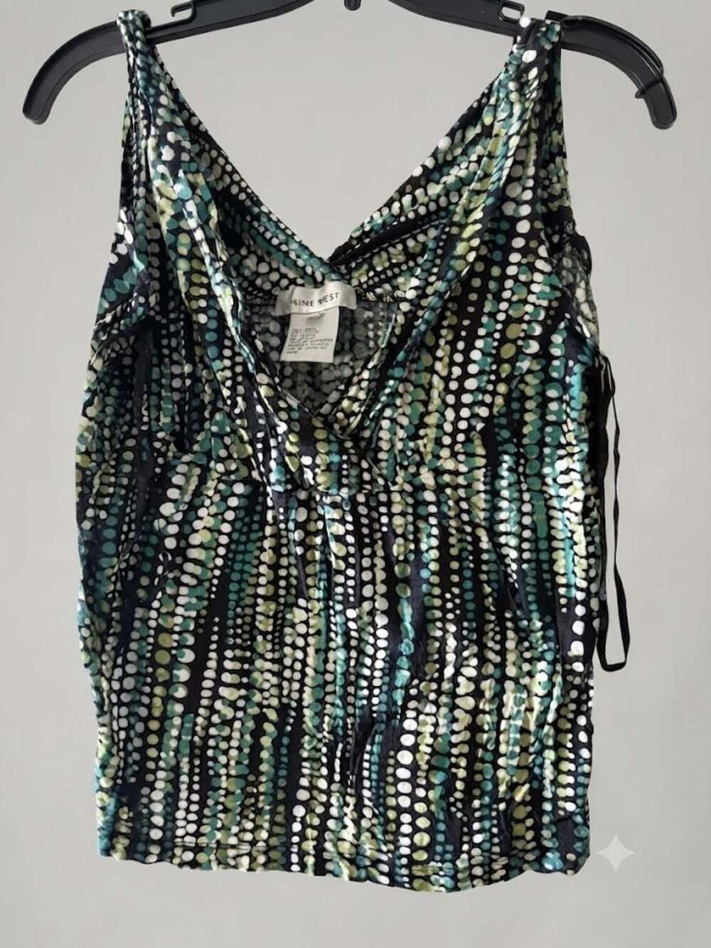 Nine West Sleeveless V-Neck Tank Top in Black with Multi-Color Dot Abstract Prin